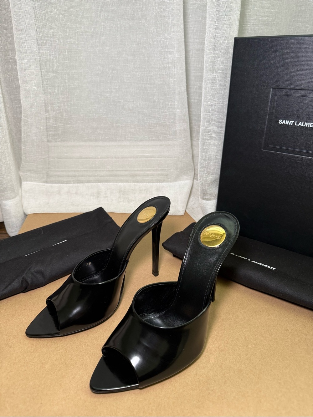 Saint Laurent Goldie 110 Mule Sandals Black Patent Size 38